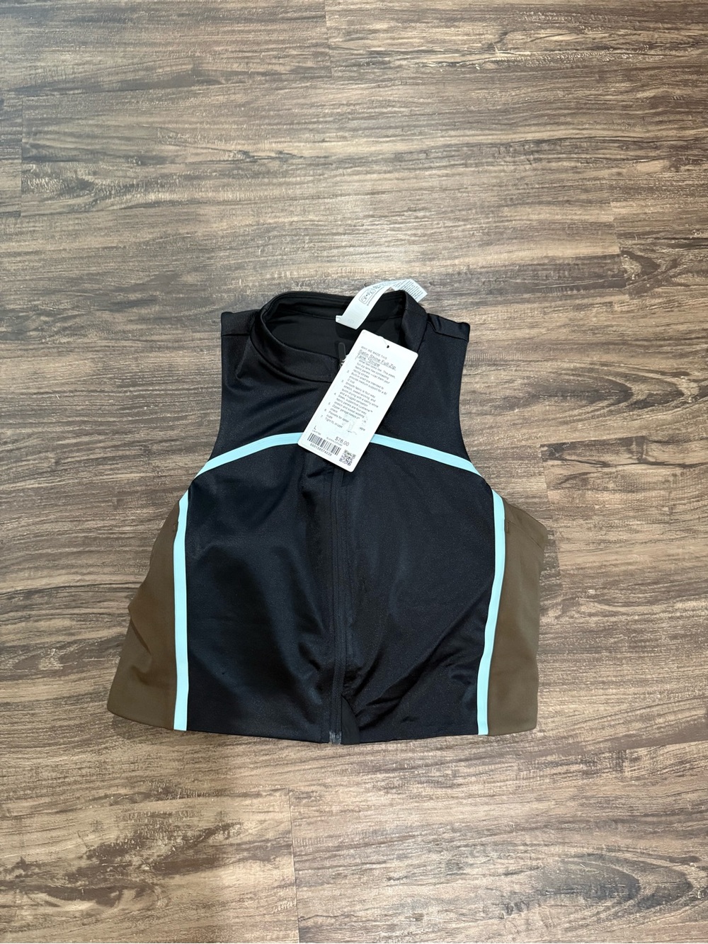 Lululemon Satin Shine Full Zip Tank- Black & Brown with Aqua Trim